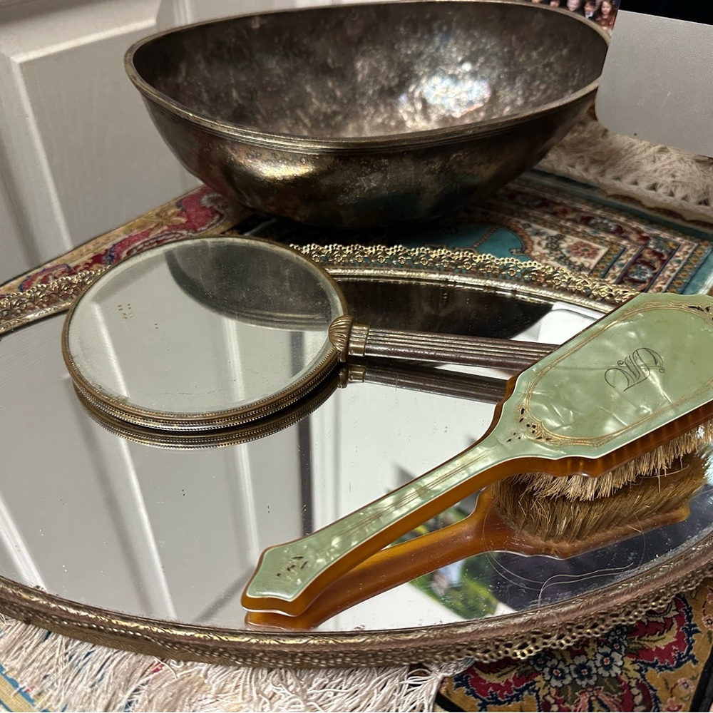 Vintage Vanity Set with Mirror and Brush